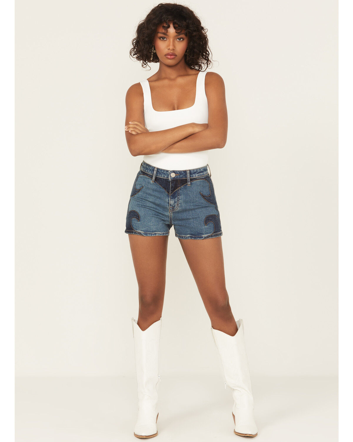 Rock & Roll Denim Women's Medium Wash High Rise Two-Toned Denim Shorts