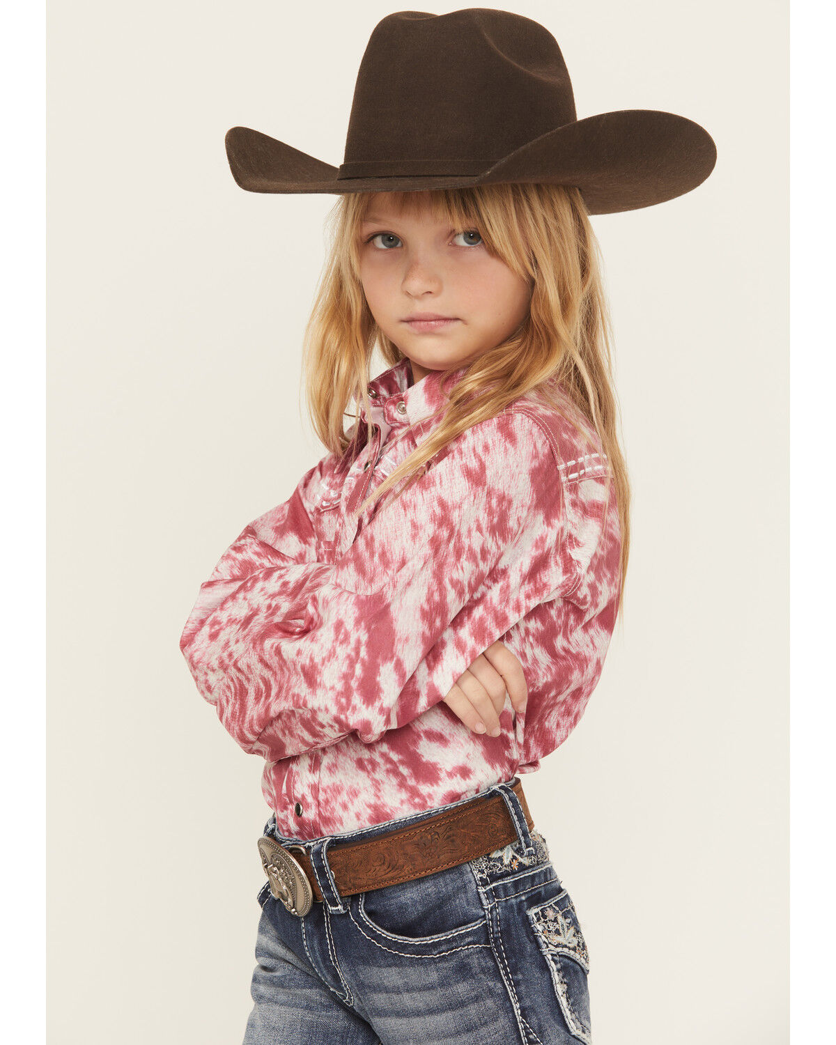 Cowgirl Hardware Girls' Cowhide Print Long Sleeve Snap Stretch Western Shirt