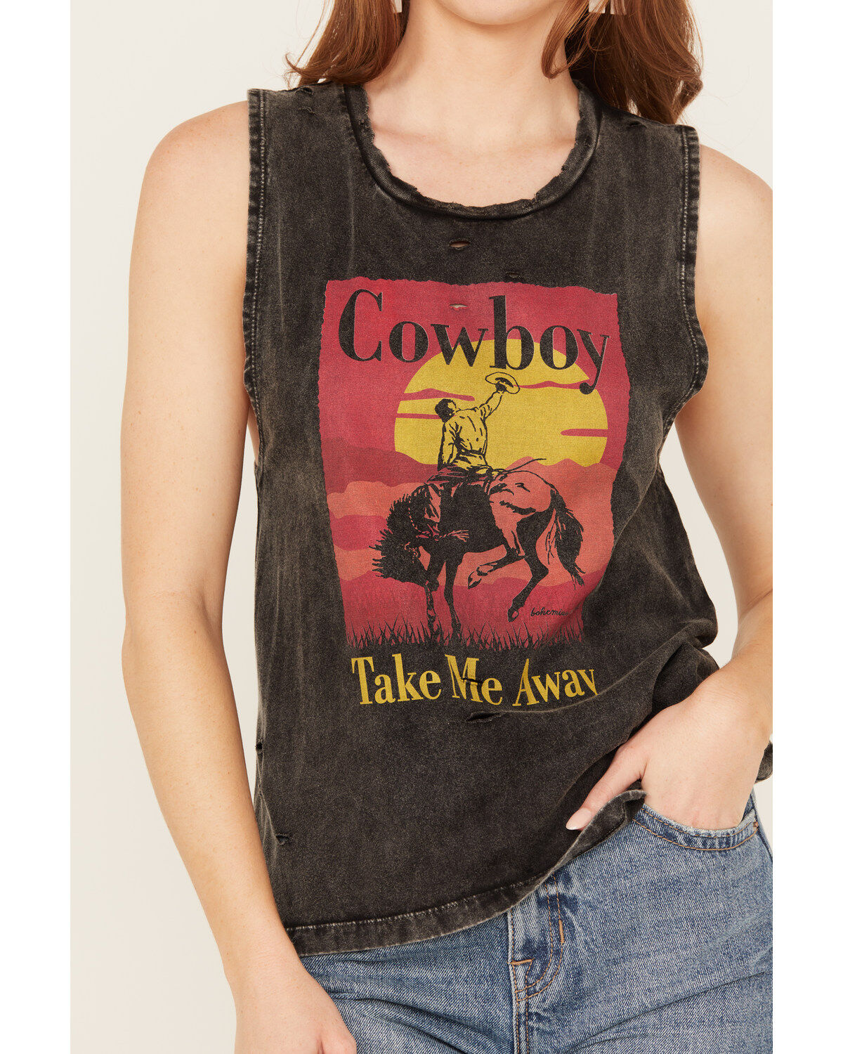 Bohemian Cowgirl Women's Distressed Cowboy Take Me Away Graphic Tank