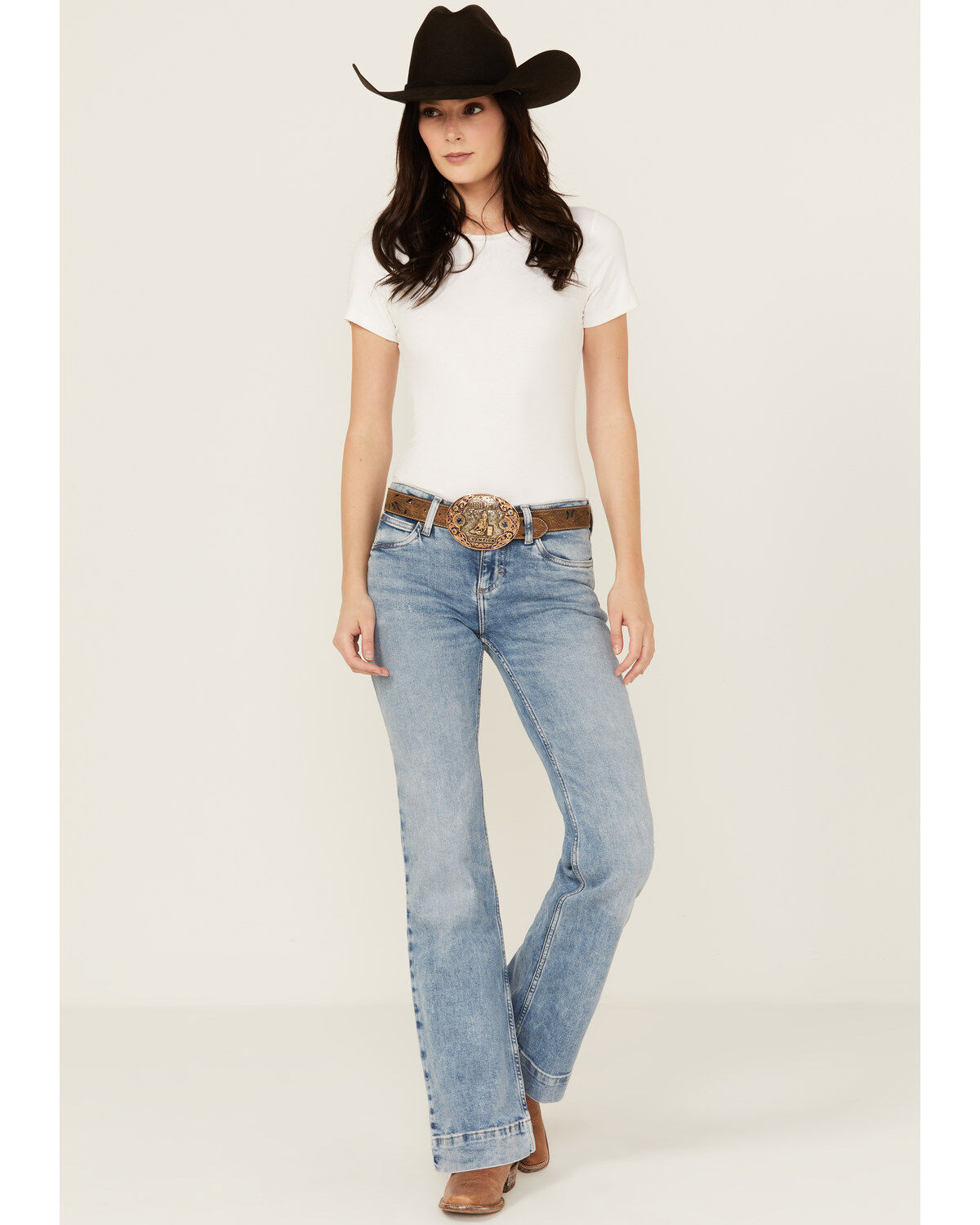 Wrangler Retro Women's Kacey Medium Wash Mid Rise Mae Wide Leg Trouser Stretch Denim Jeans