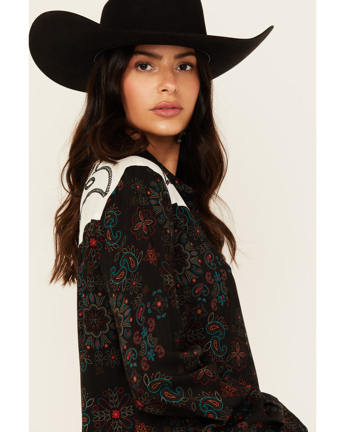 Panhandle Women's Floral Print Embroidered Long Sleeve Snap Western Shirt