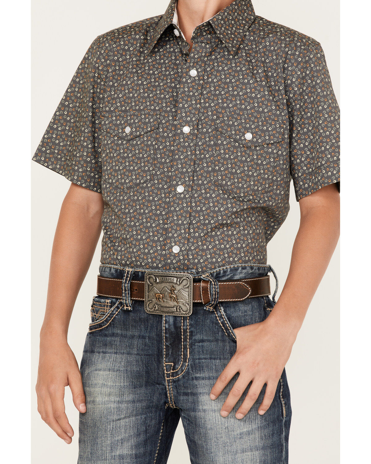 Panhandle Boys' Horseshoe Print Short Sleeve Western Pearl Snap Shirt