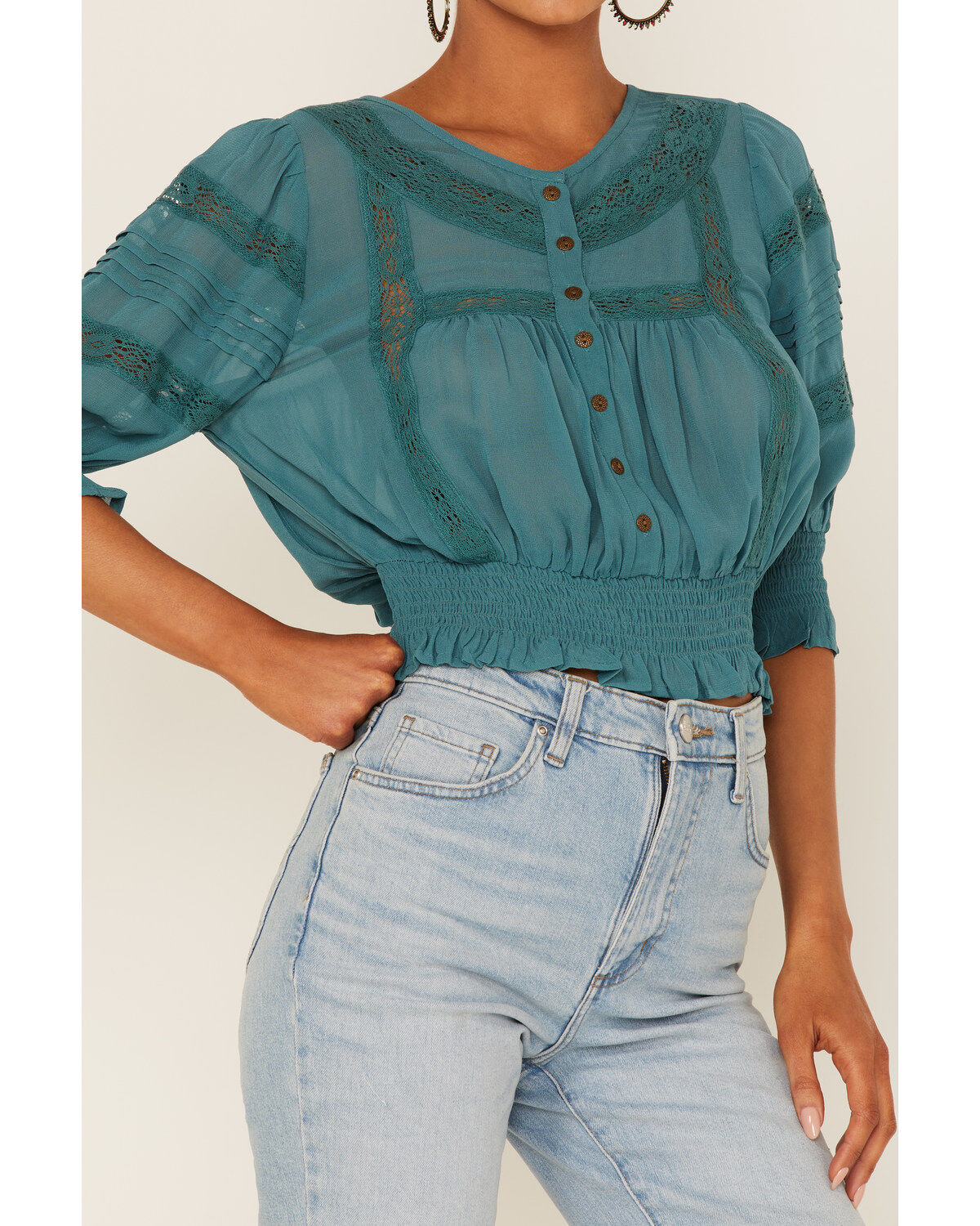 Patrons of Peace Women's Woven Lace Smocked Bottom Blouse