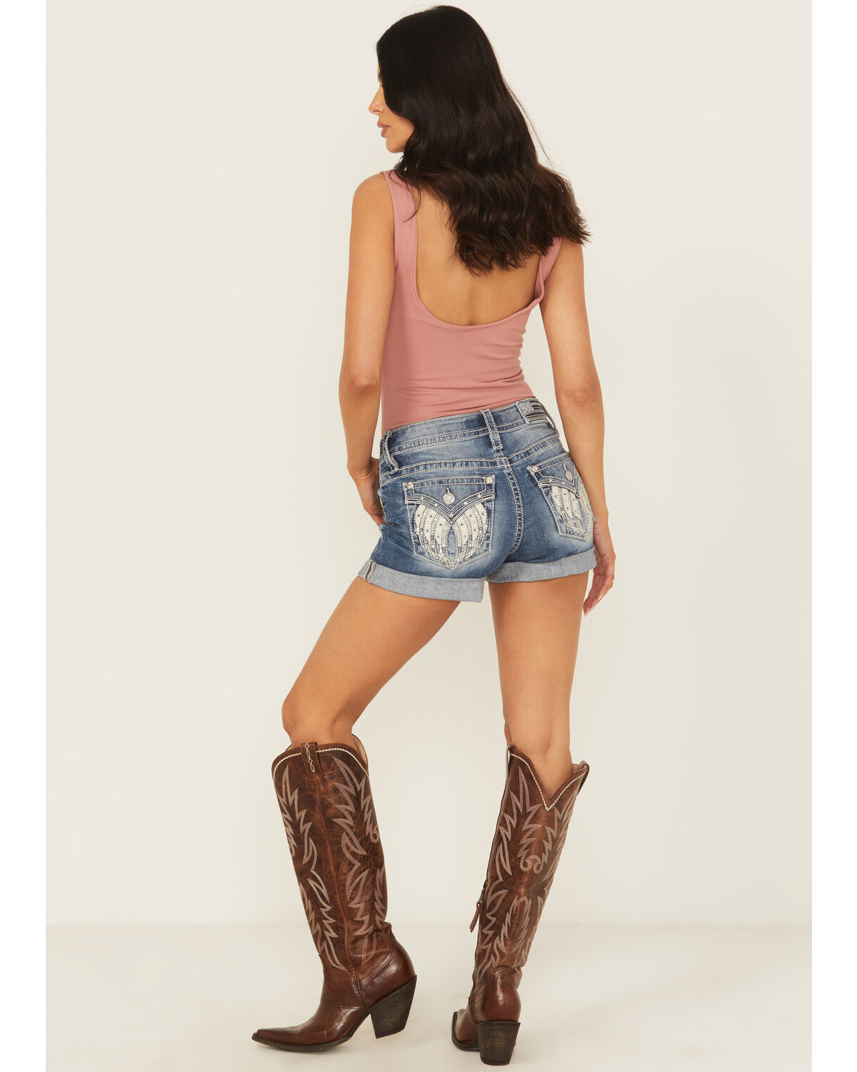 Miss Me Women's Medium Wash Mid Rise Rolled Hem Denim Shorts
