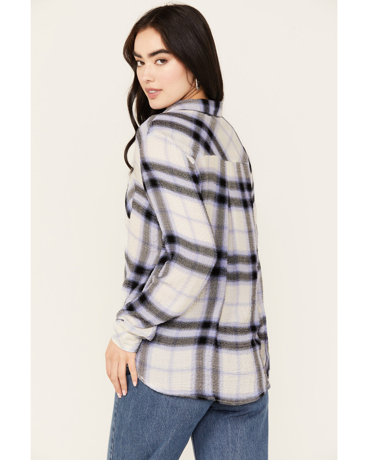 North River Women's Crinkle Ryn Lavender Plaid Shirt