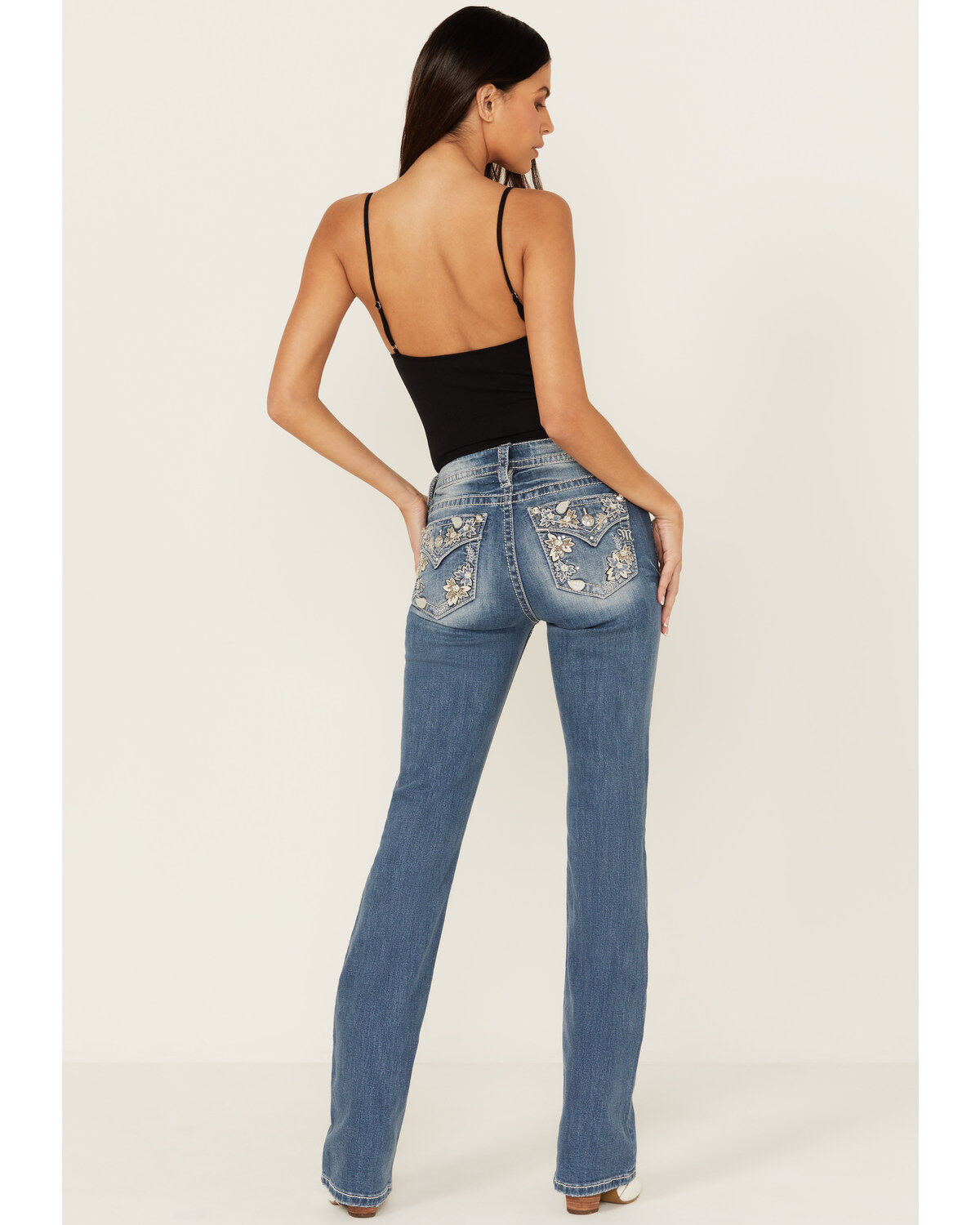 Miss Me Women's Medium Wash Mid Rise Floral Pocket Bootcut Stretch Denim Jeans