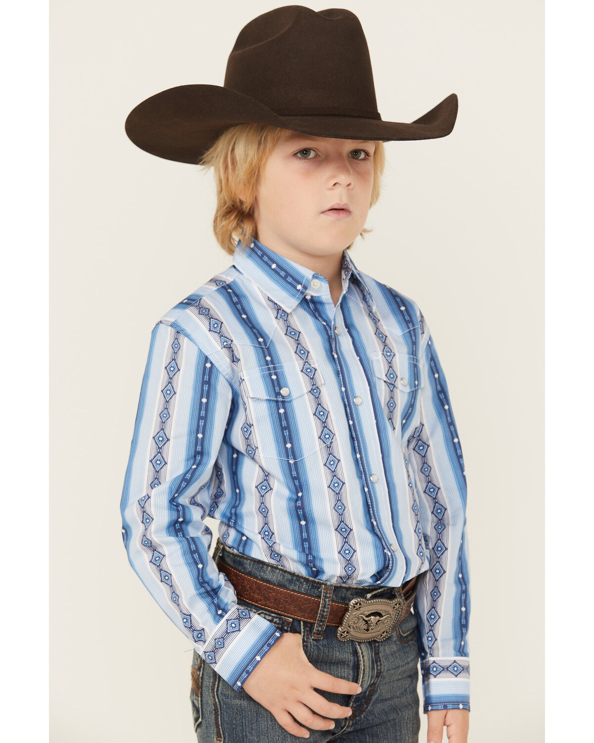 Wrangler Boys' Checotah Southwestern Striped Print Long Sleeve Snap Western Shirt