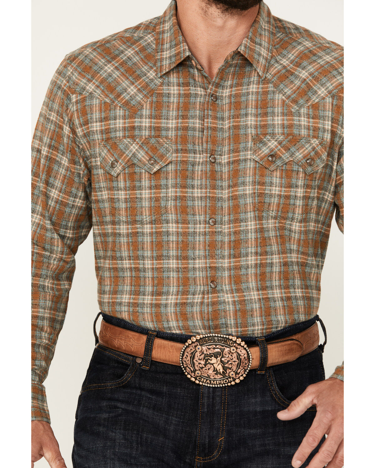 Moonshine Spirit Men's Hickory Plaid Print Long Sleeve Snap Flannel Shirt