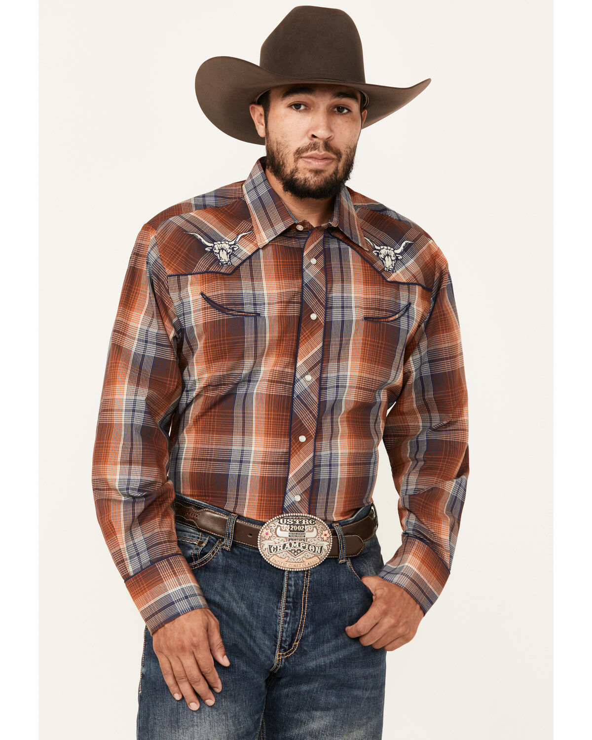 Roper Men's Plaid Print Embroidered Long Sleeve Pearl Snap Western Shirt