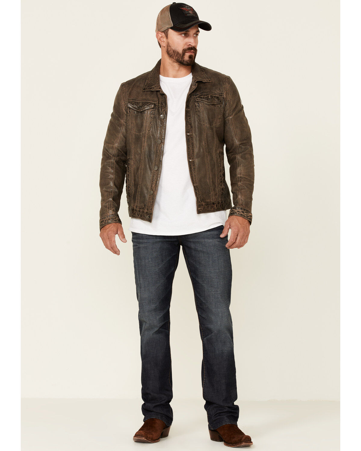 Mauritius Leather Men's Geoff Zip-Front Distressed Trucker Leather Jacket