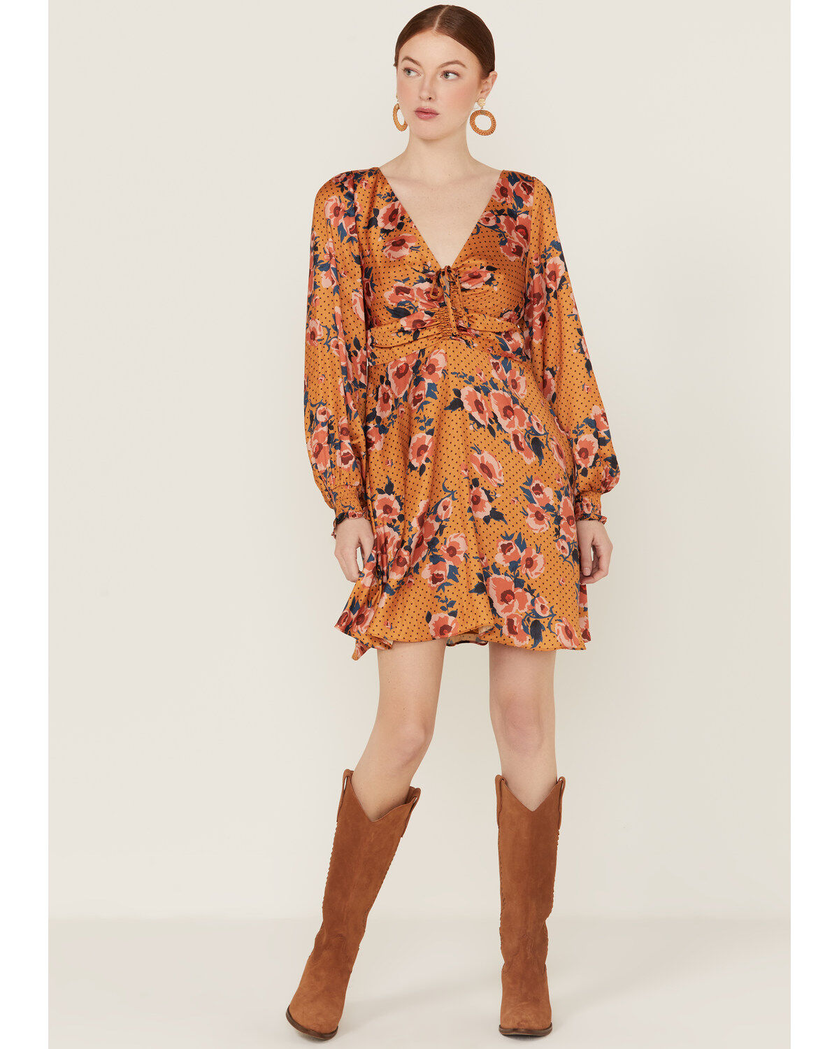 Beyond The Radar Women's Floral Dot Satin Long Sleeve Mini Dress