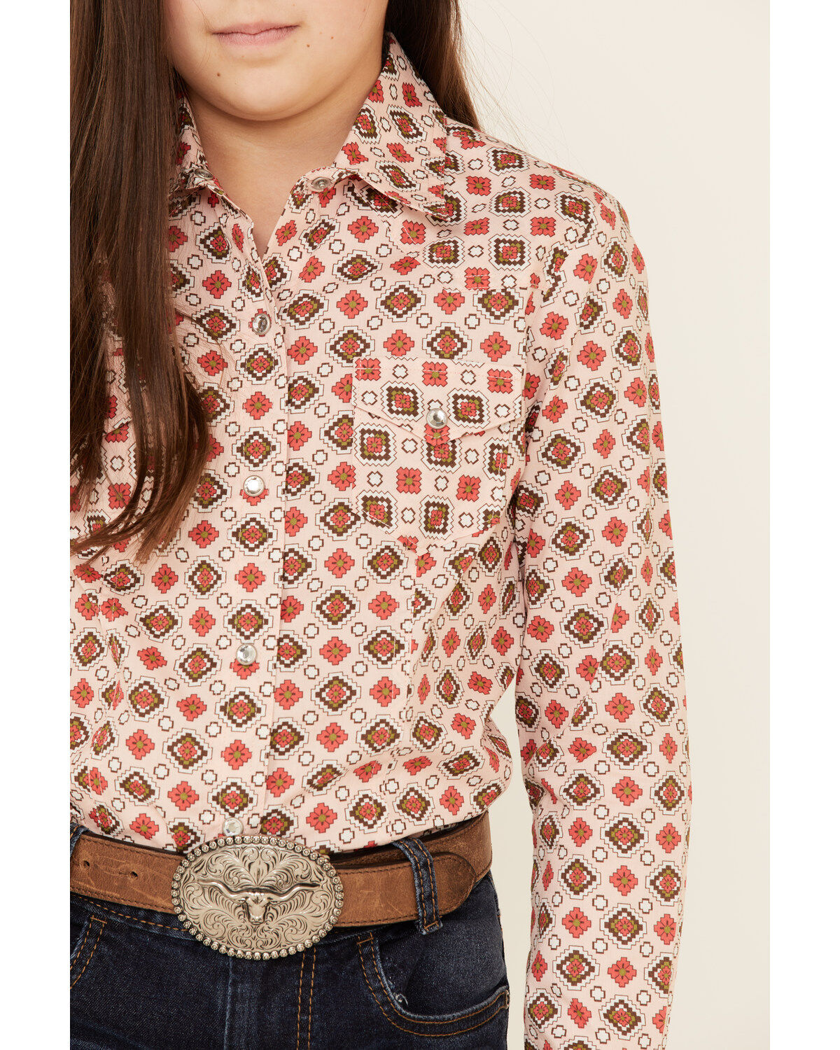 Cruel Girl Girls' Diamond Geo Print Long Sleeve Pearl Snap Western Shirt