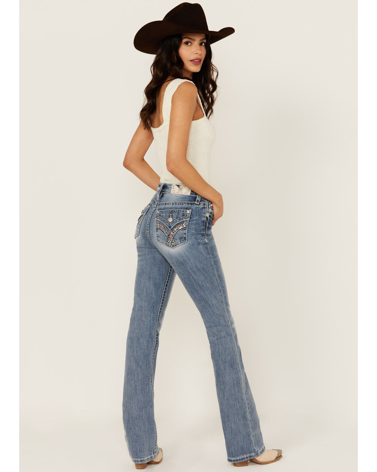 Miss Me Women's Medium Wash Mid Rise Americana Pocket Bootcut Stretch Denim Jeans