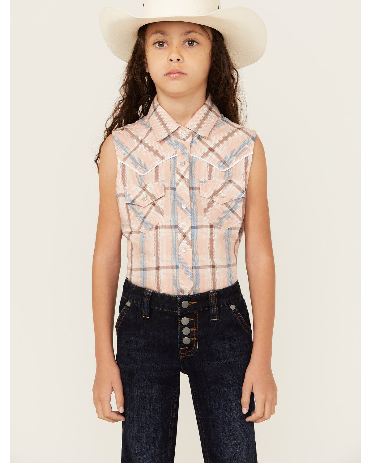 Cumberland Outfitters Girls' Plaid Print Sleeveless Pearl Snap Western Shirt