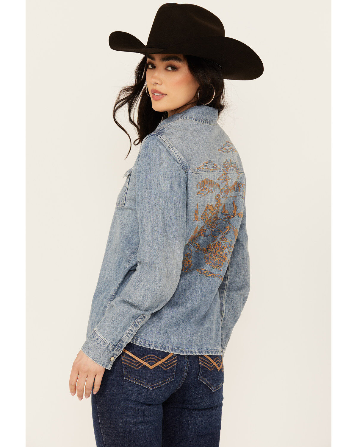Stetson Women's Medium Wash Embroidered Cowboy Long Sleeve Pearl Snap Denim Shirt