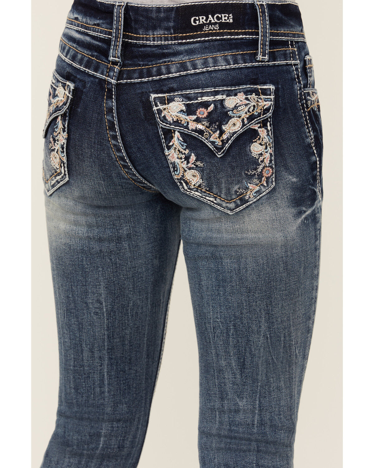 Grace in LA Girls' Medium Wash Paisley Embroidered Faux Flap Pocket Bootcut Stretch Denim Jeans