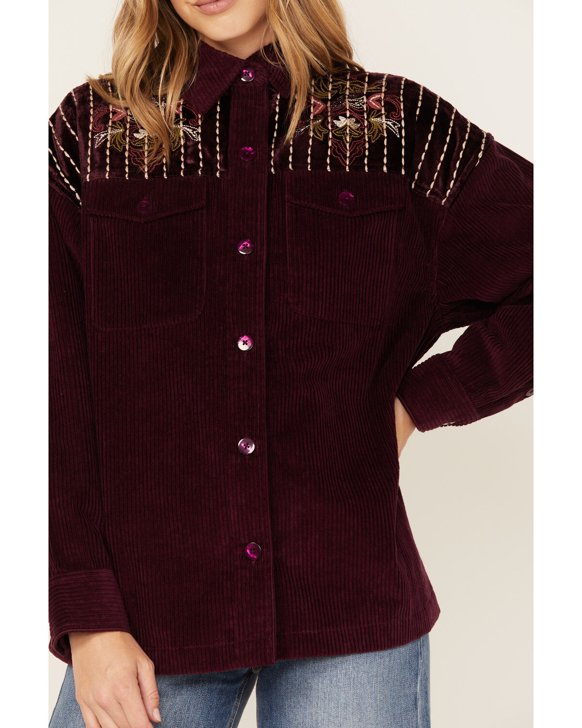 Cleo + Wolf Women's Embroidered Velvet Shacket