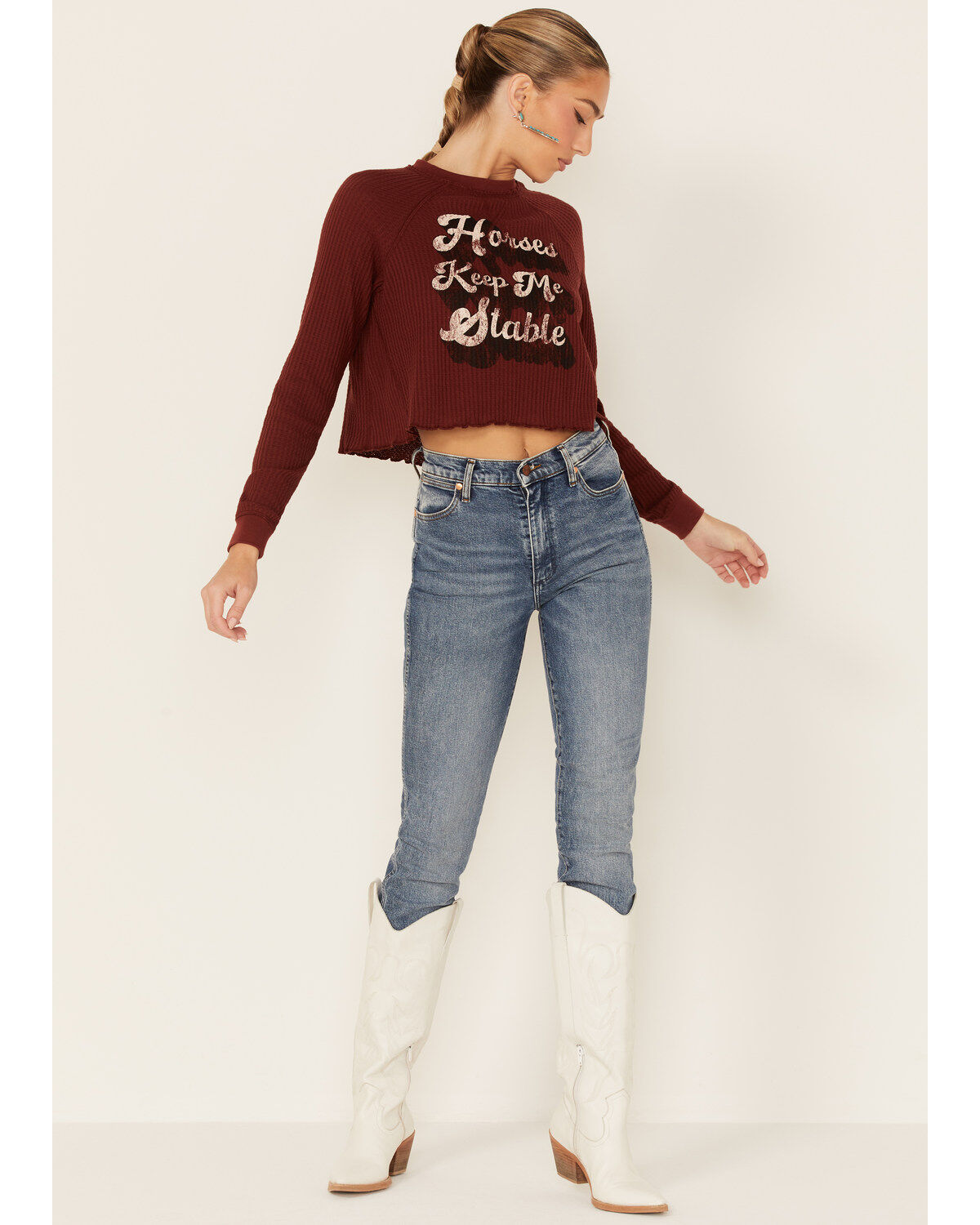 Shyanne Women's Horses Keep Me Stable Graphic Cropped Thermal Shirt