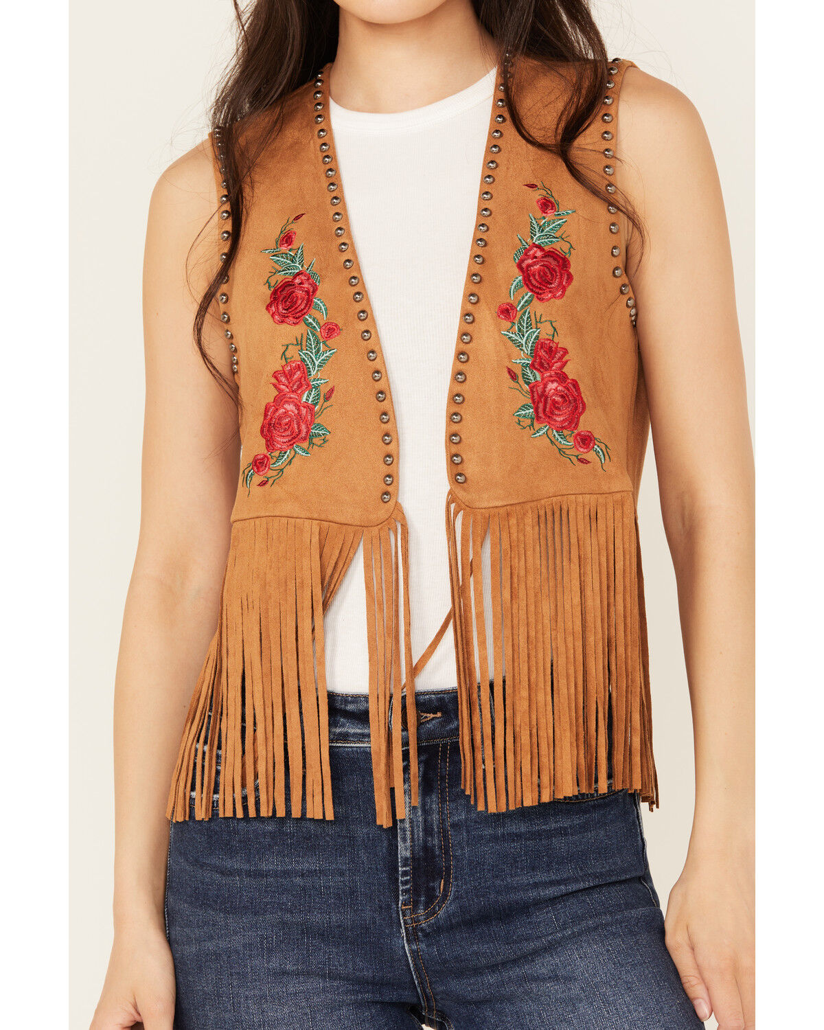 Vocal Women's Embroidered Rose Faux Suede Fringe Vest