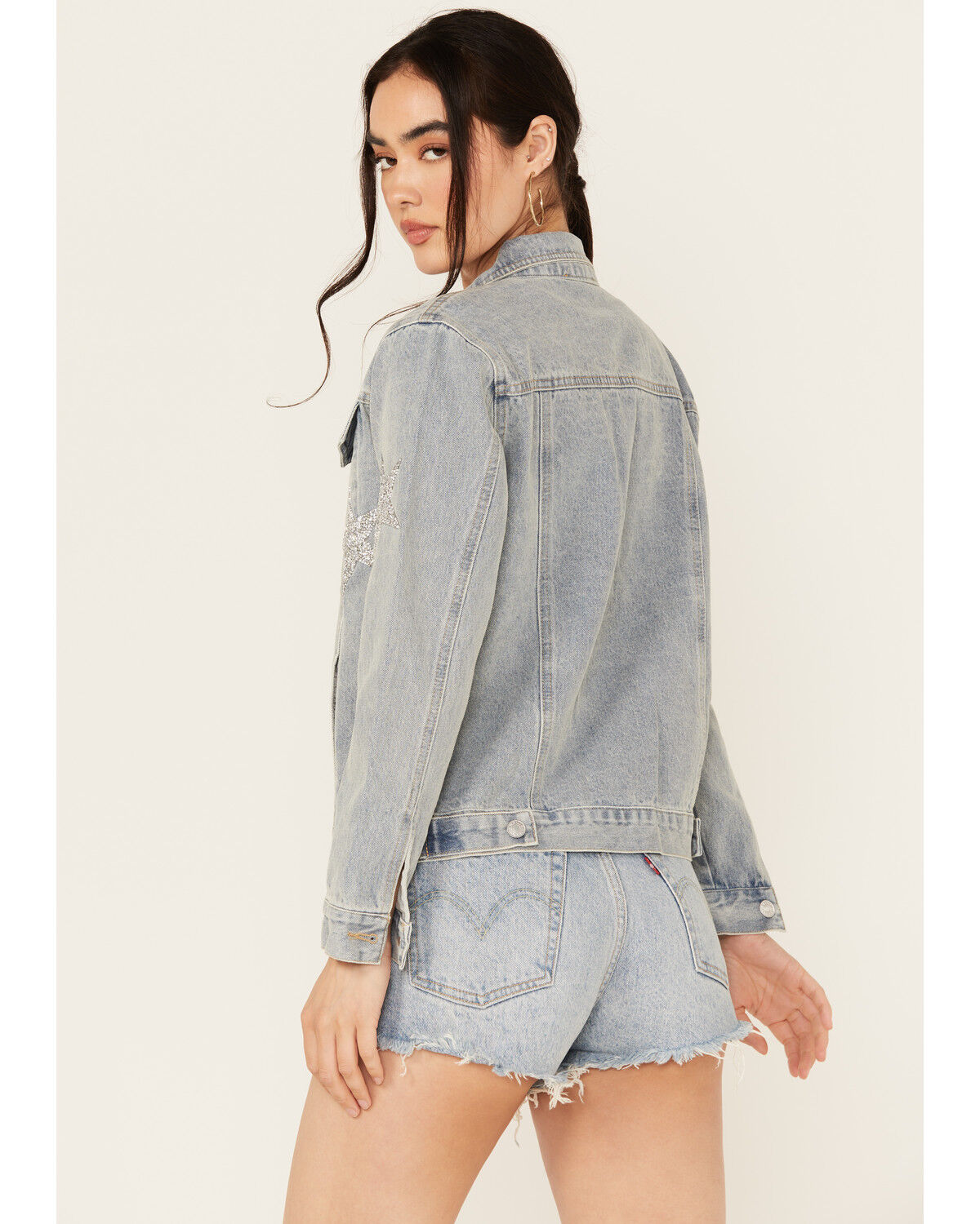 Blue B Women's Light Wash Embellished Star Button-Down Denim Jacket