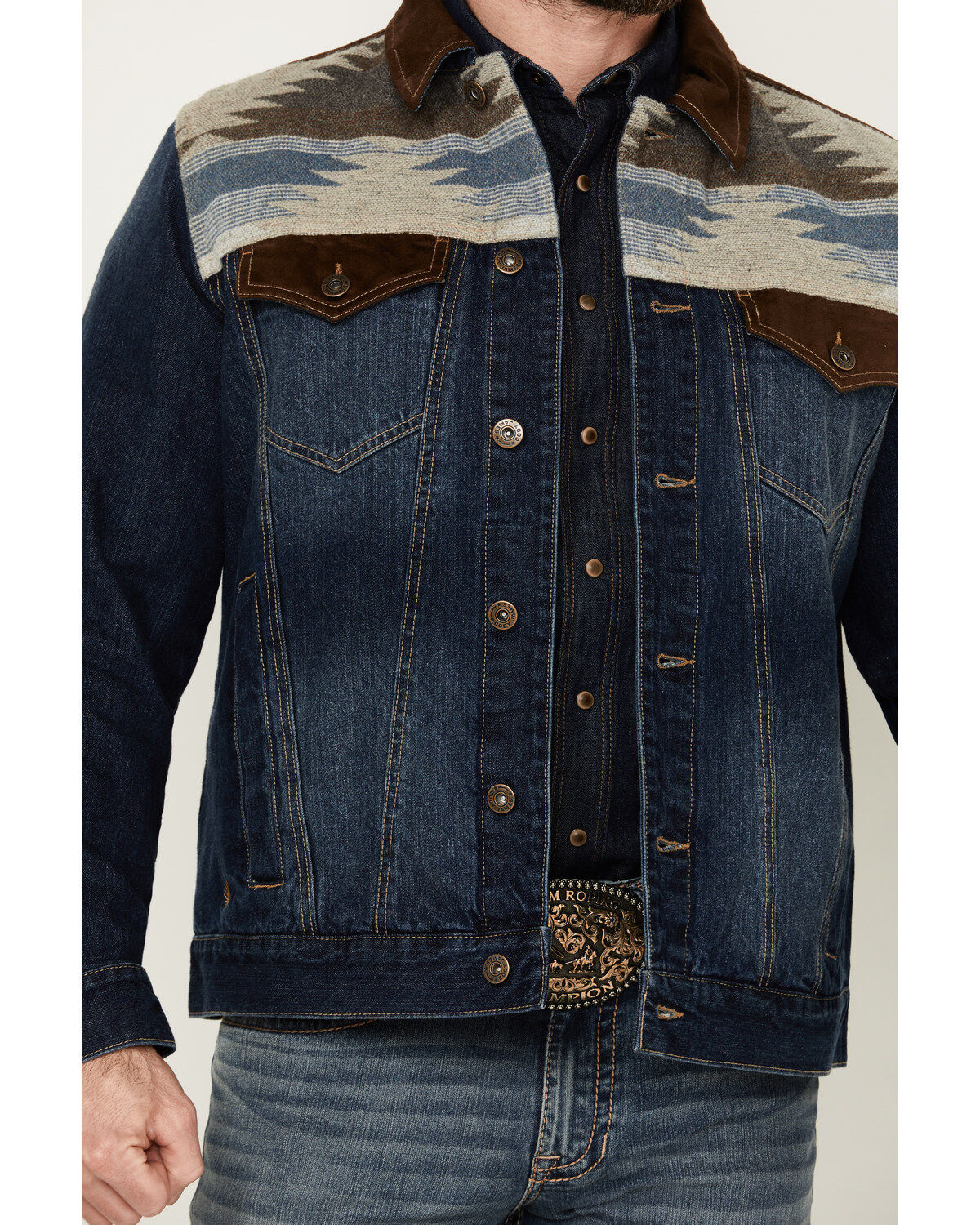 Cody James Men's Freedom Southwestern Yoke And Suede Trim Denim Jacket