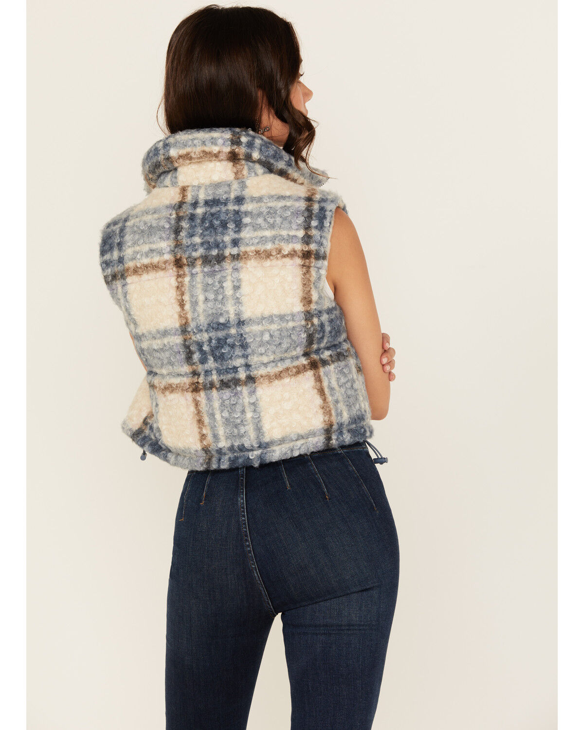 Stooch Women's Plaid Print Zip-Up Cropped Puffer Vest