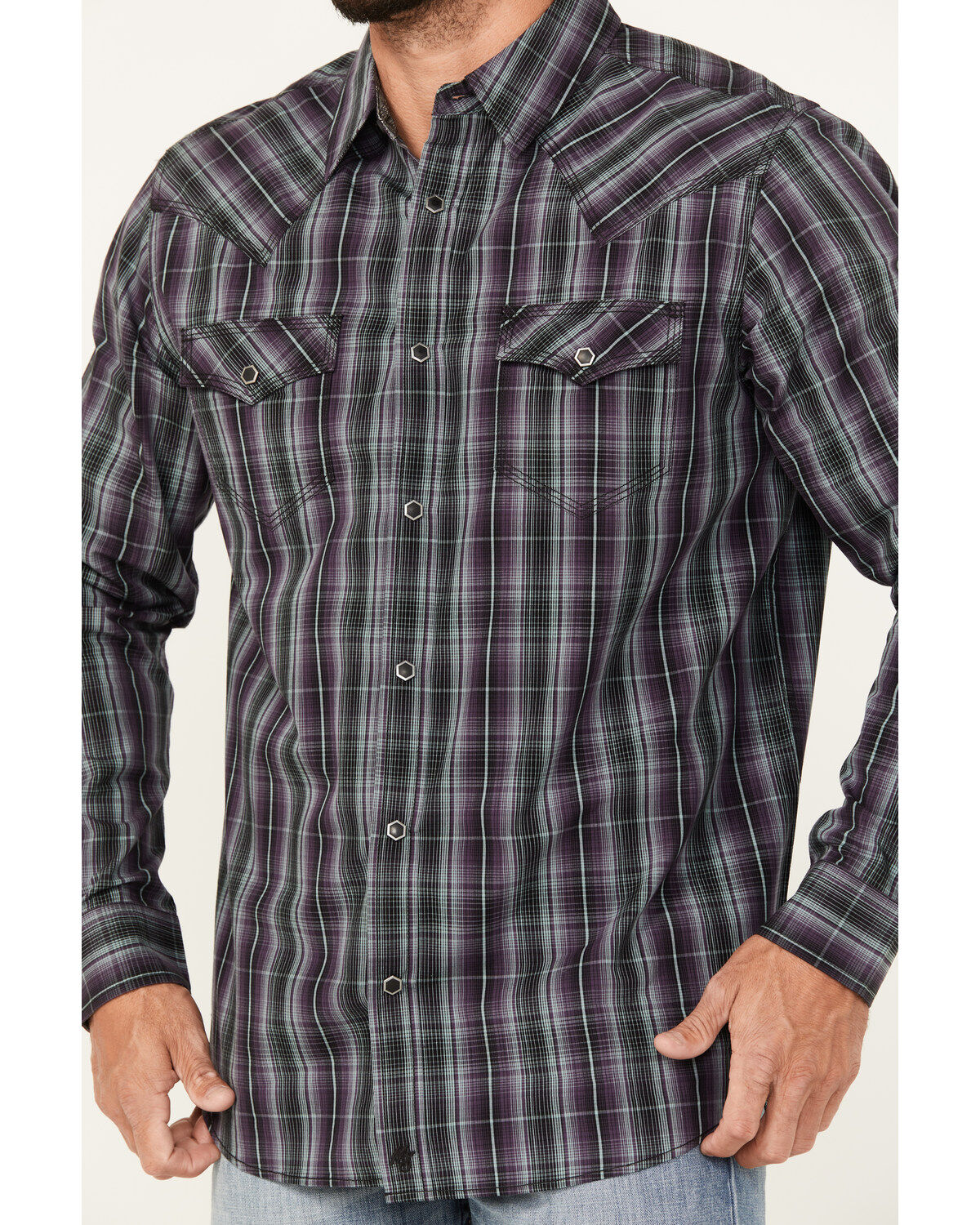 Moonshine Spirit Men's Throw Down Plaid Print Long Sleeve Snap Western Shirt