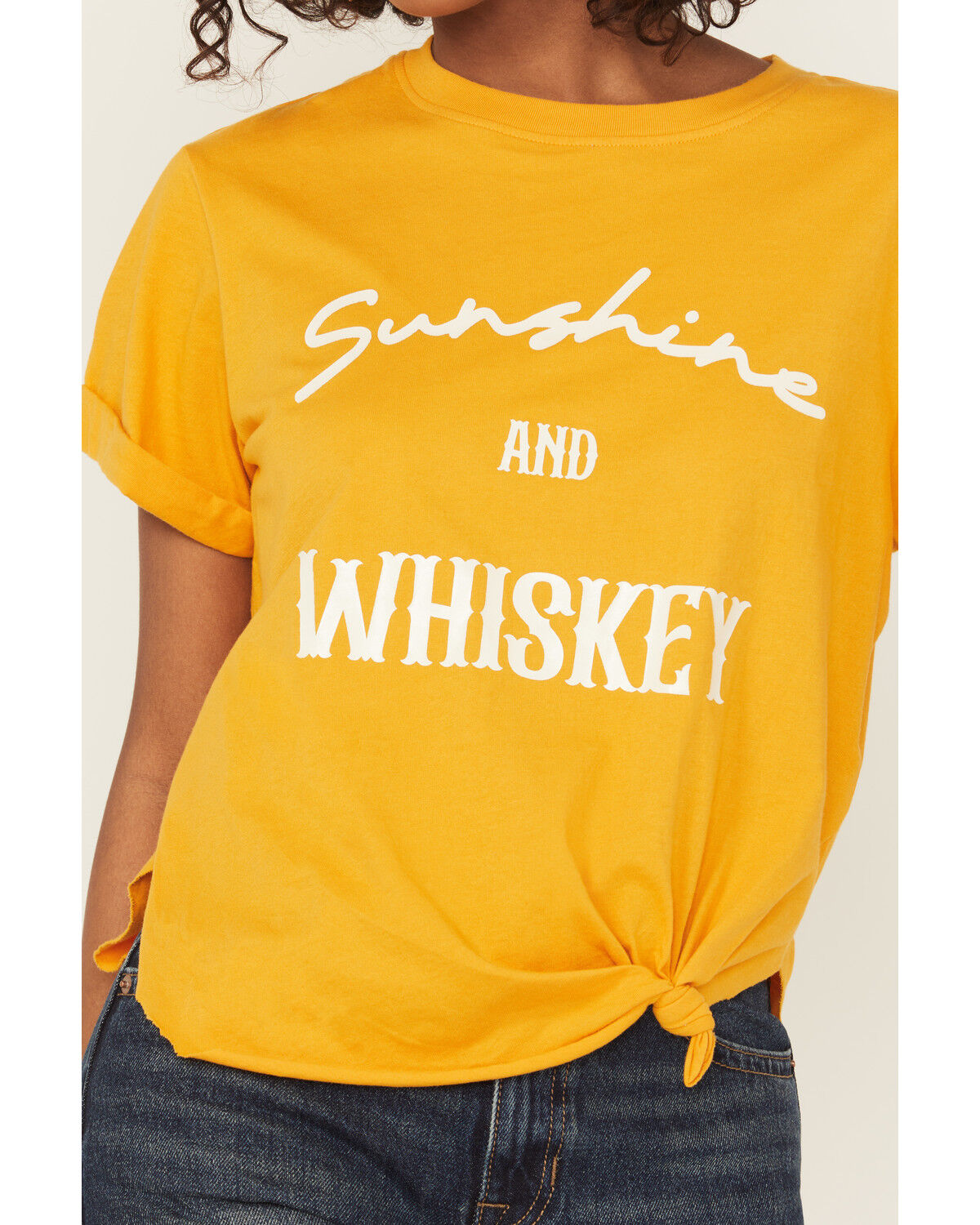 Shyanne Women's Sunshine and Whiskey Short Sleeve Tie-Front Graphic Tee