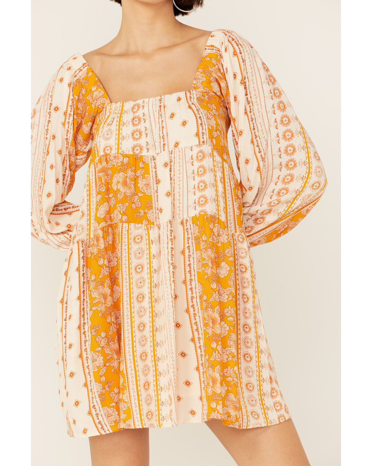 En Creme' Women's Cream Yellow Patchwork Long Sleeve Baby Doll Mini Dress