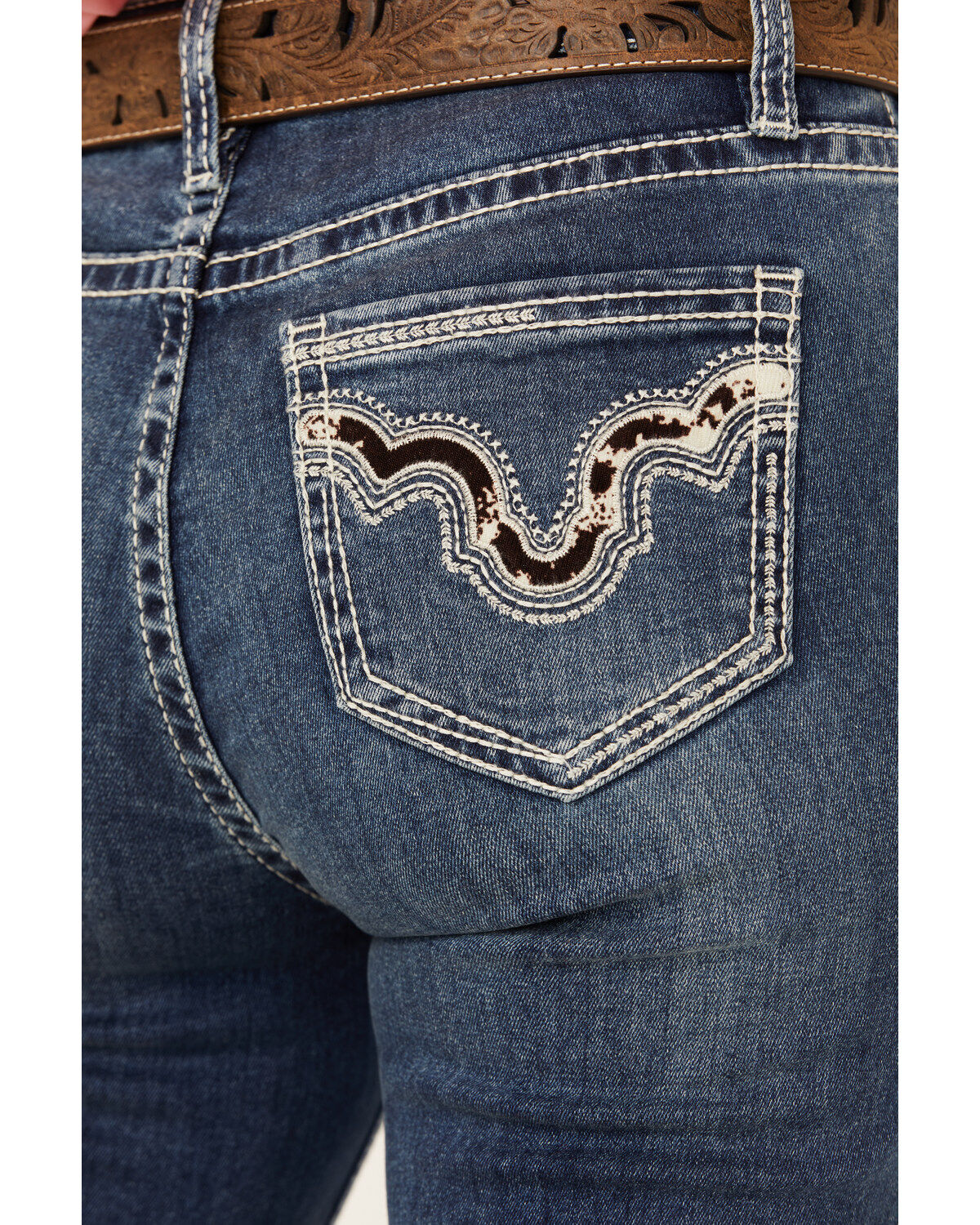 Rock & Roll Denim Women's Medium Wash Mid Rise Cowhide Pocket Bootcut Stretch Denim Jeans
