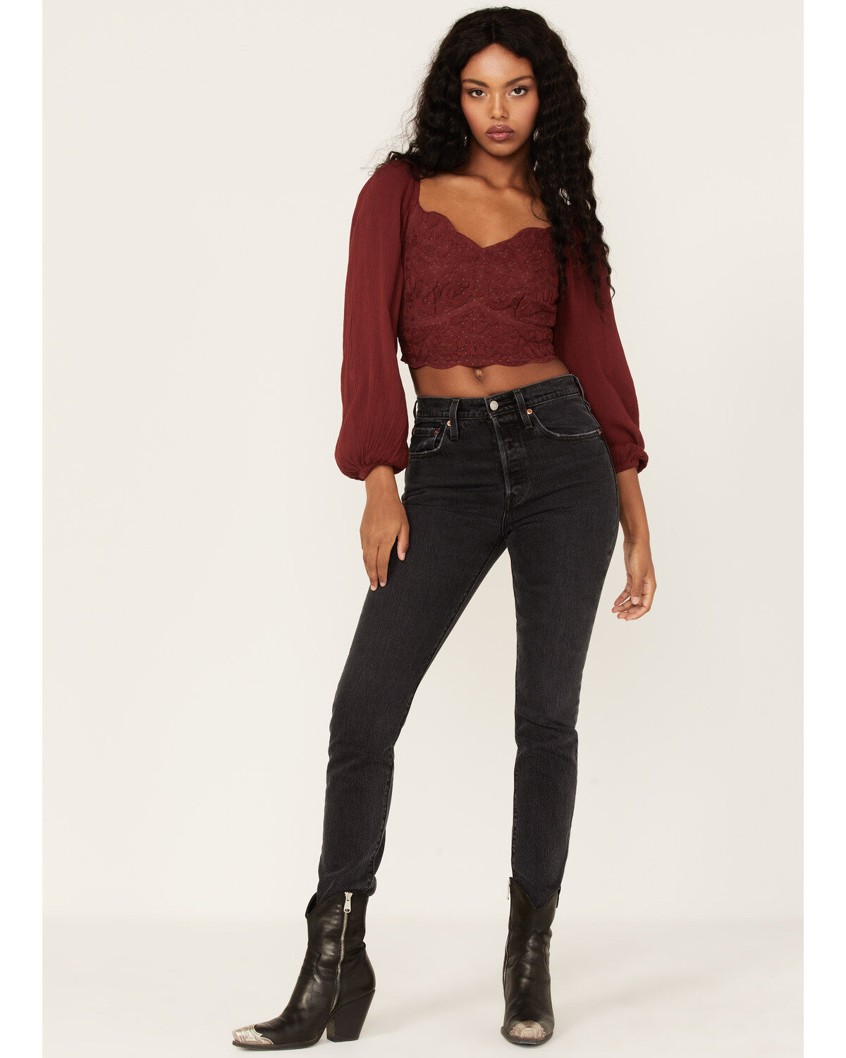 Shyanne Women's Embroidered Mesh Dot Poet Sleeve Crop Top