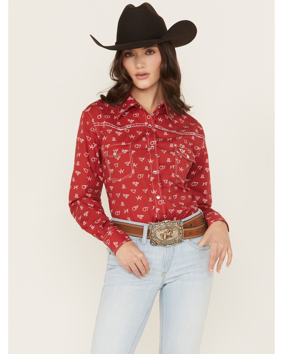 Cowgirl Hardware Women's Branding Print Long Sleeve Rhinestone Snap Stretch Western Shirt