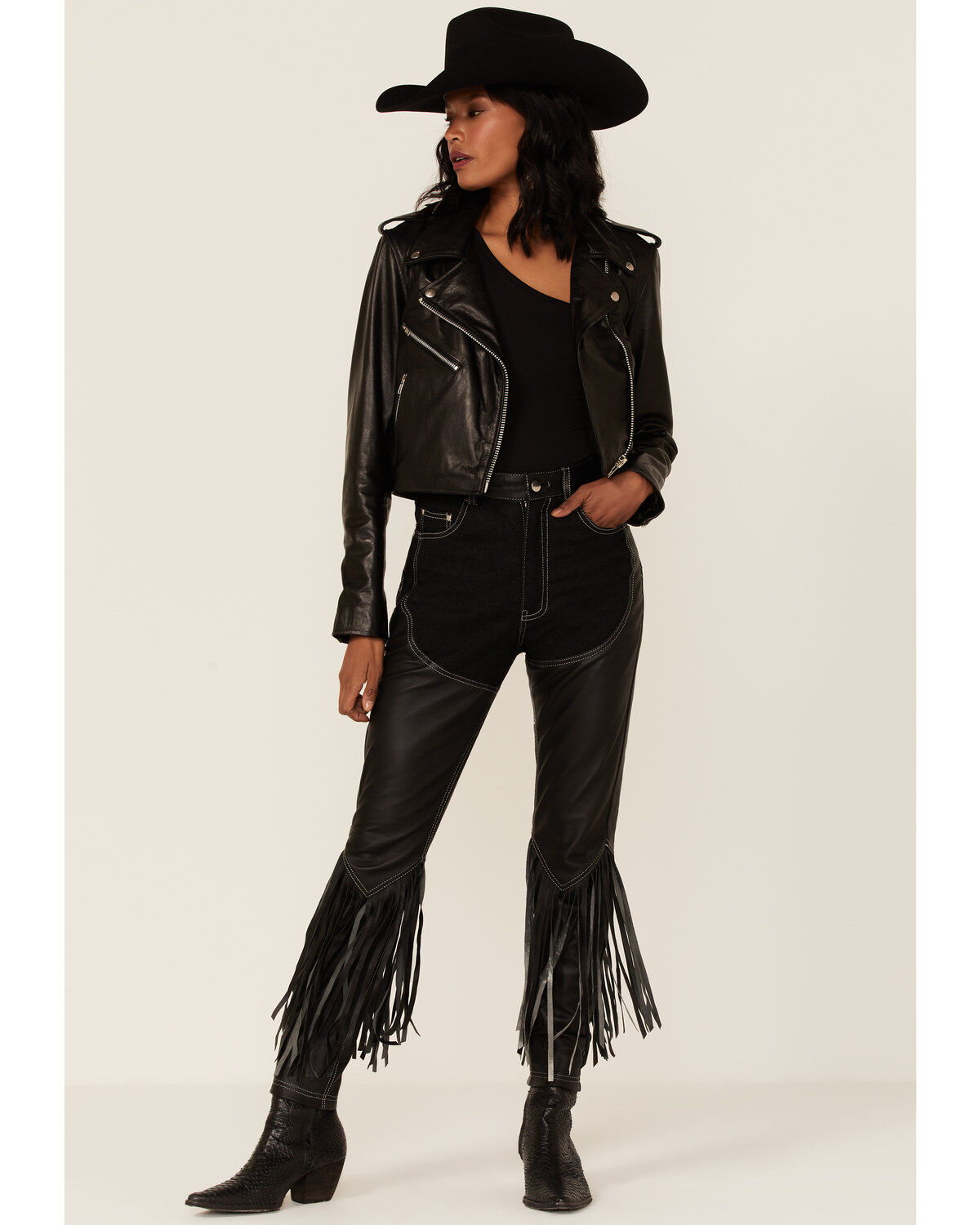 Understated Leather Women's Cowboy Denim & Leather Fringe Chap Jeans