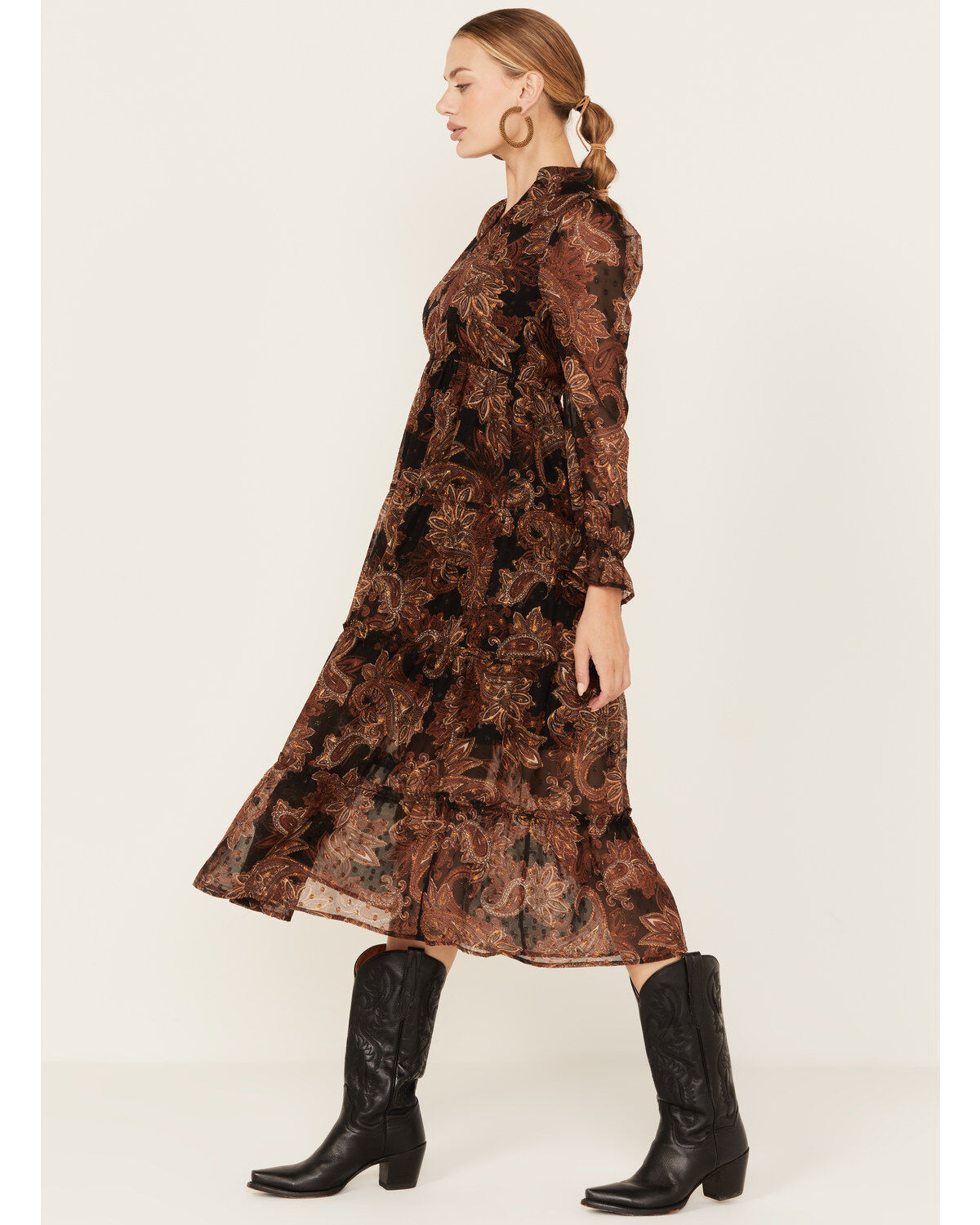 Wild Moss Women's Floral Pais Print Long Sleeve Midi Dress