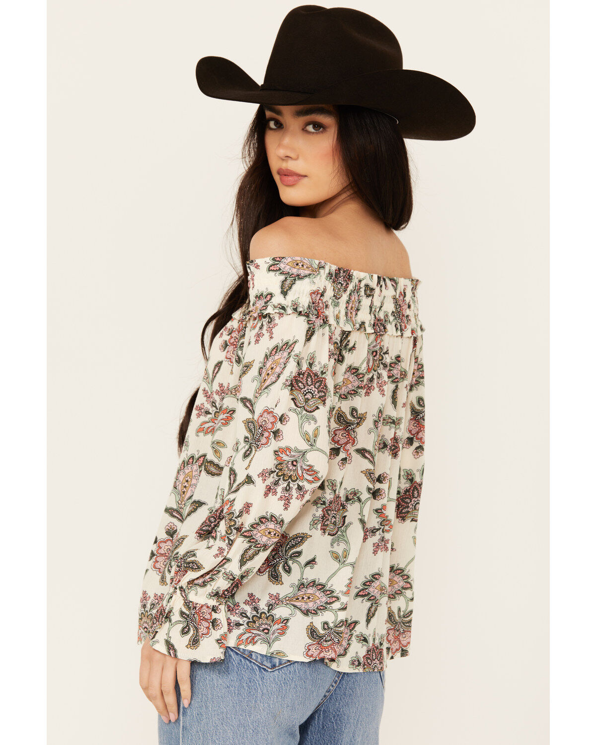 Wild Moss Women's Floral Print Long Sleeve Off The Shoulder Shirt