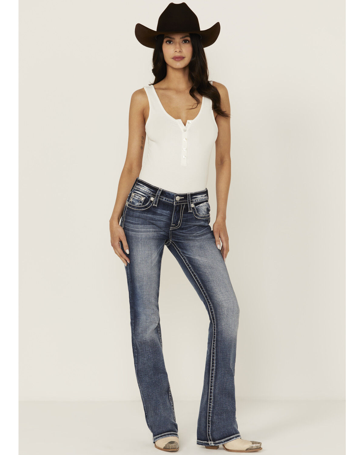 Miss Me Women's Dark Wash Mid Rise Flag Pocket Bootcut Stretch Denim Jeans