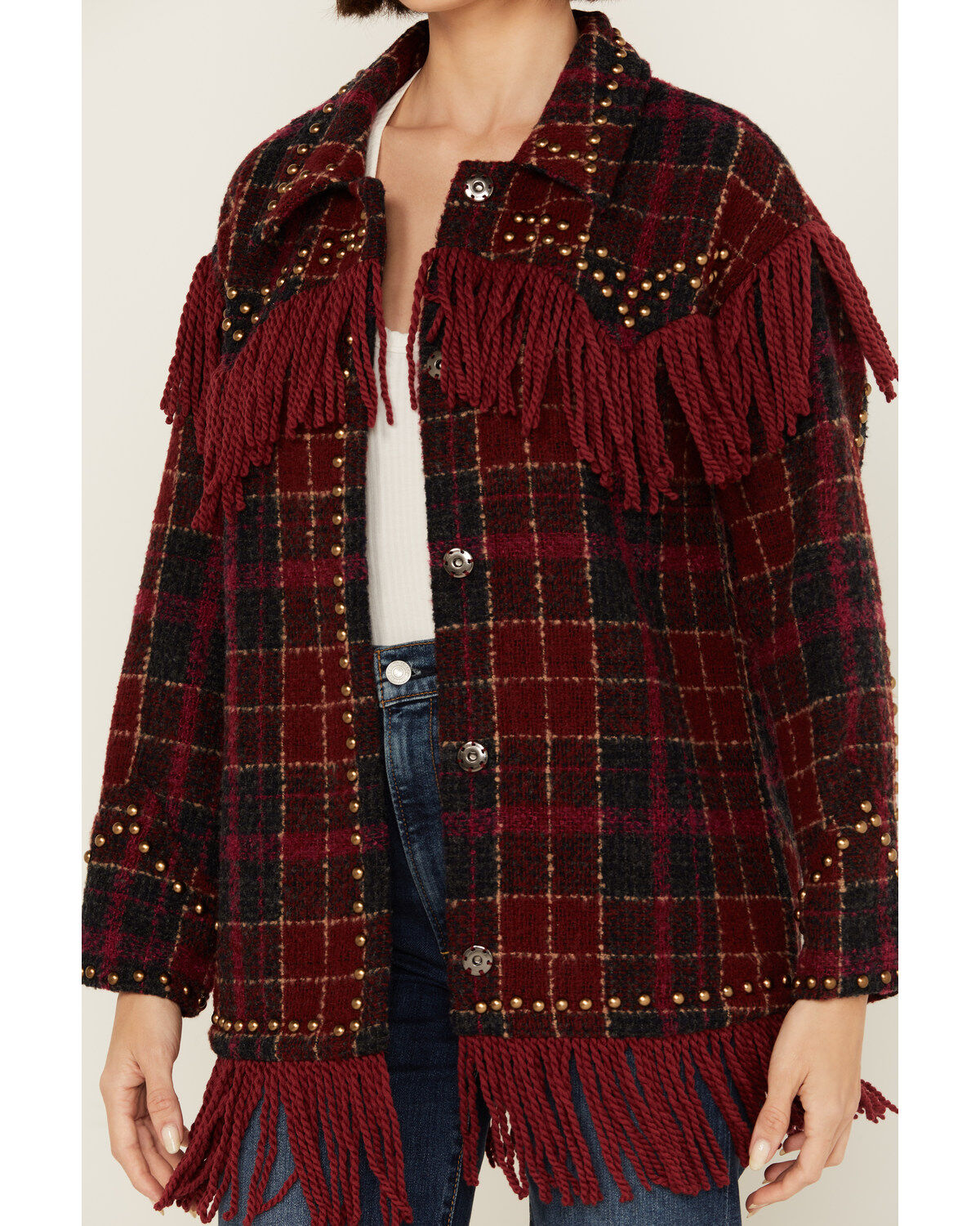 Vocal Women's Tweed Plaid Fringe Jacket