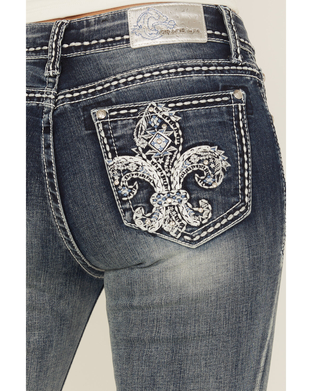 Grace In LA Women's Medium Wash Fleur De Lis Embroidered Mid Rise Bootcut Stretch Denim Jeans