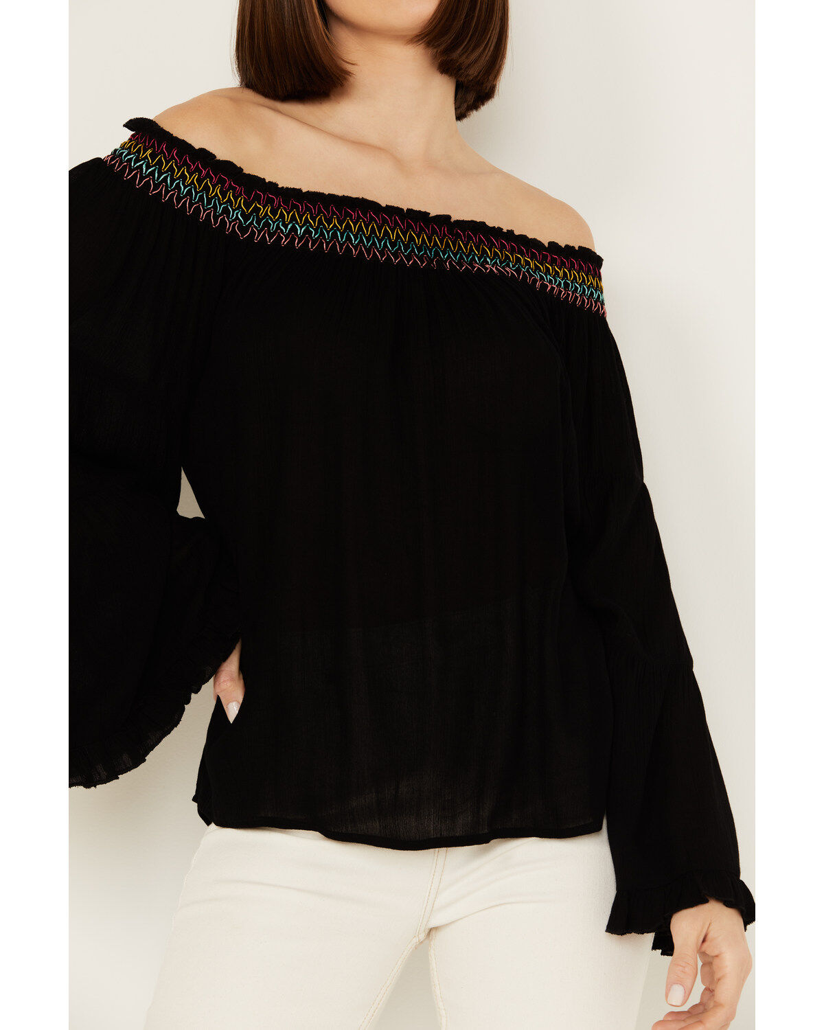 Panhandle Women's Embroidered Off the Shoulder Long Sleeve Top
