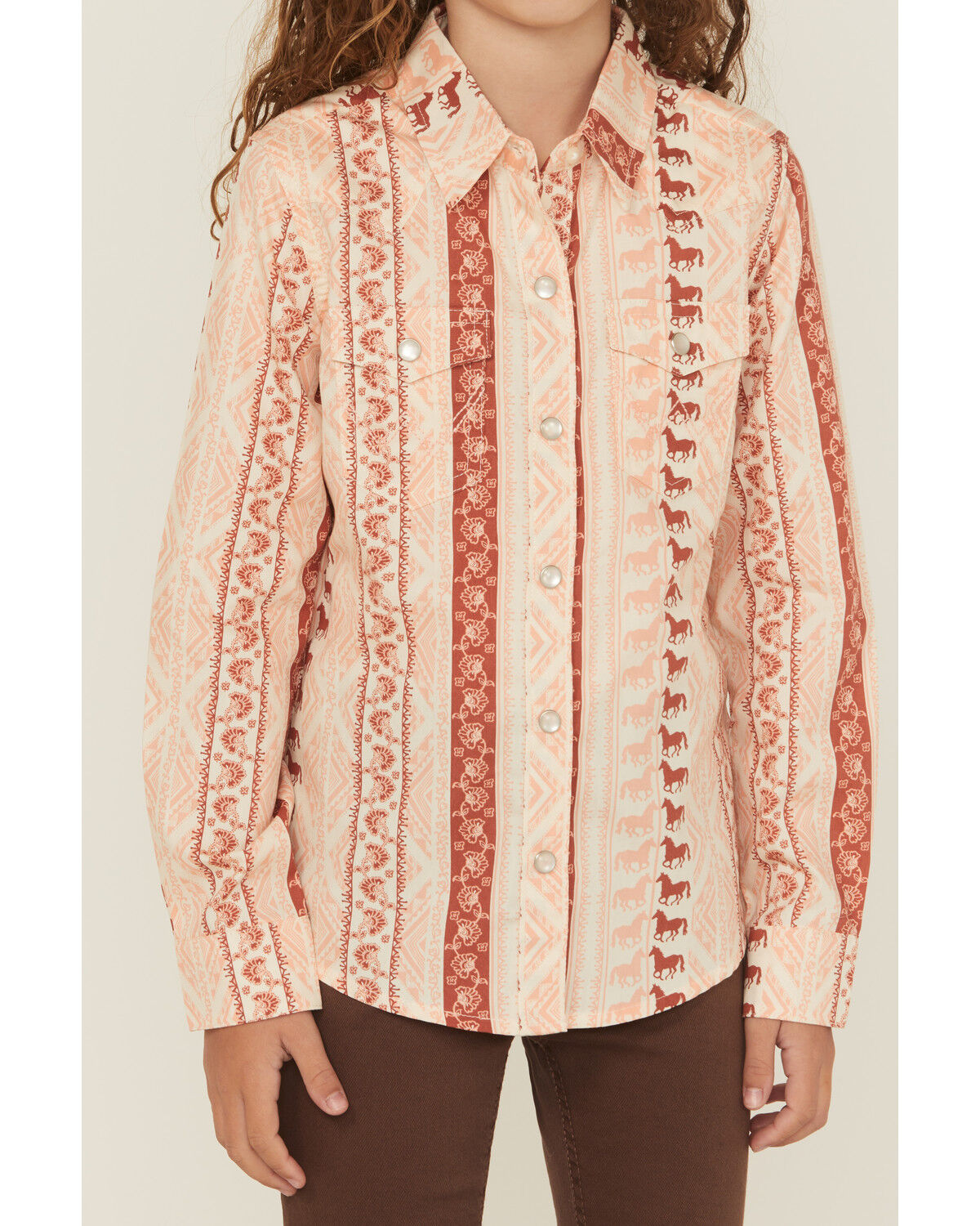 Wrangler Girls' Horse Striped Print Long Sleeve Snap Western Shirt