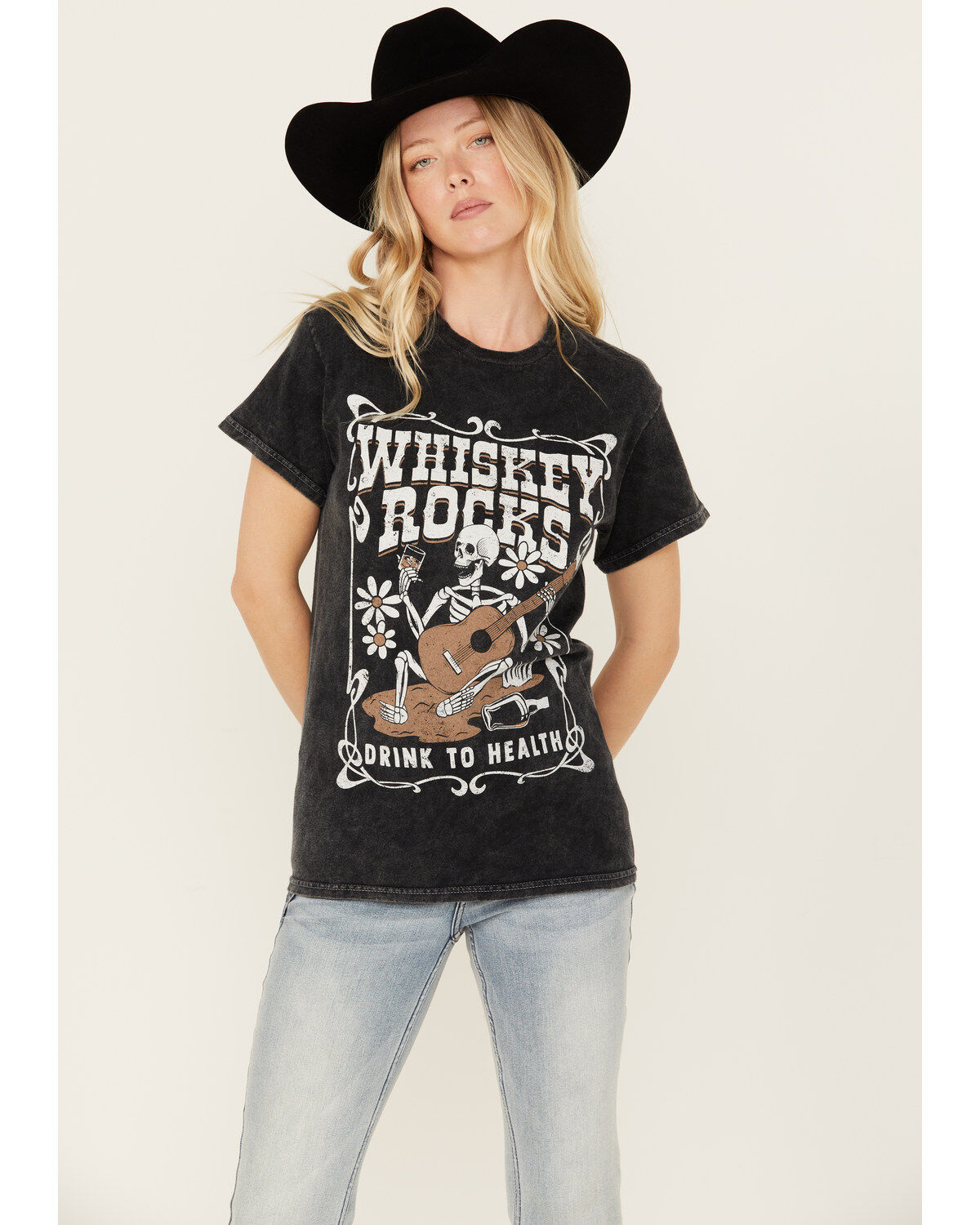 Youth in Revolt Women's Whiskey Rocks Skeleton Short Sleeve Graphic Tee
