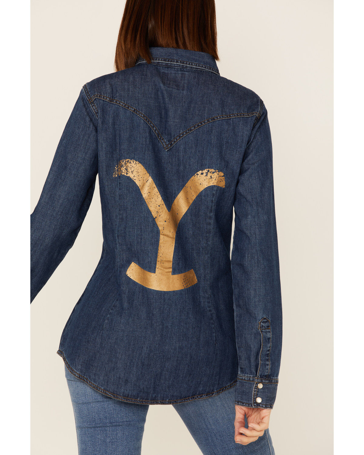 Wrangler X Yellowstone Women's Metallic Screen Print Pearl Snap Denim Shirt