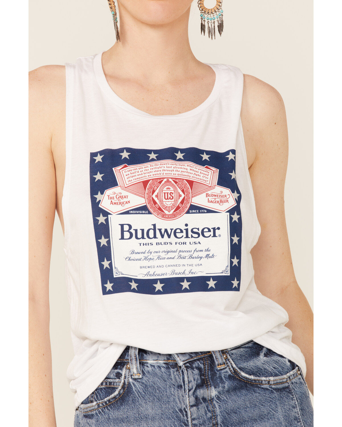 Brew City Beer Gear Women's White Patriotic Budweiser Graphic Muscle Tank