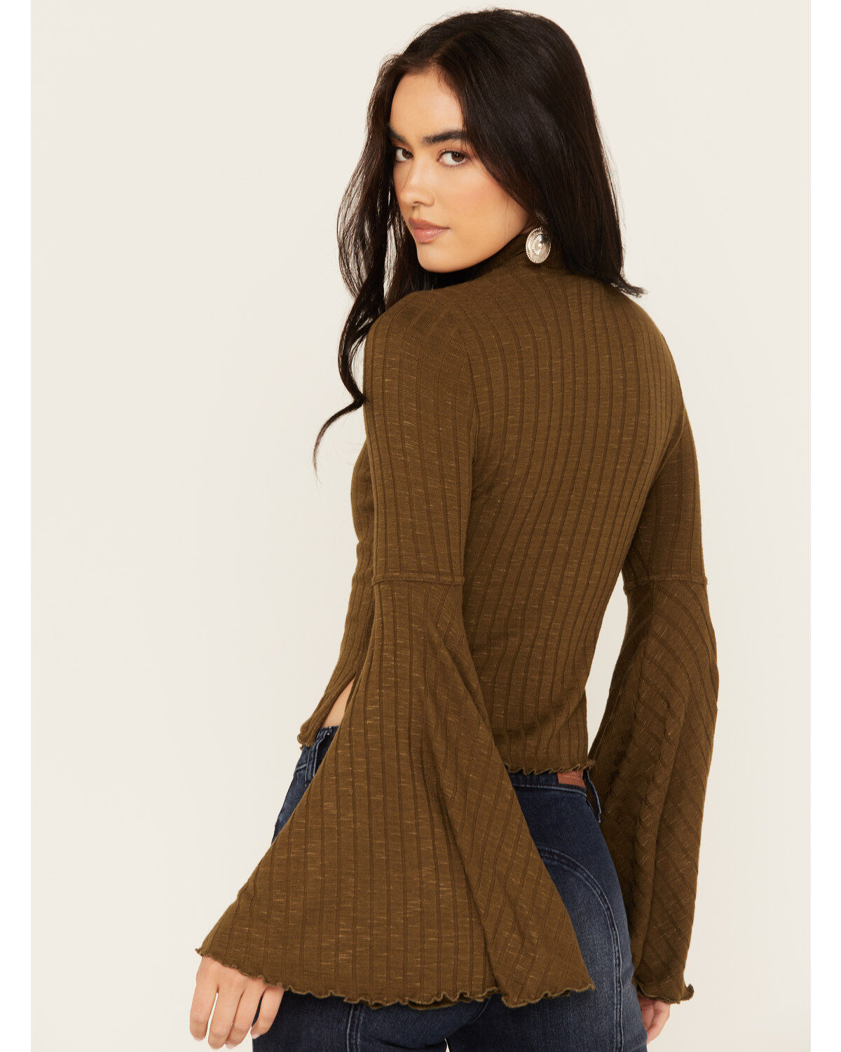 Shyanne Women's Rib Knit Mock Neck Bell Sleeve Top