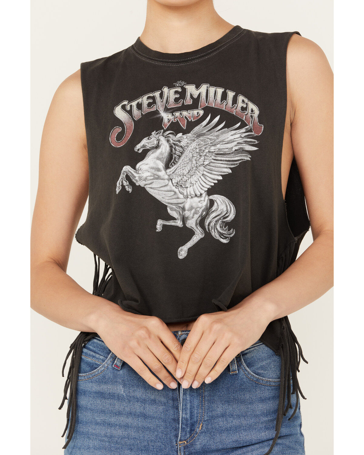 Goodie Two Sleeves Women's Steve Miller Band Fringe Sleeveless Graphic Tee