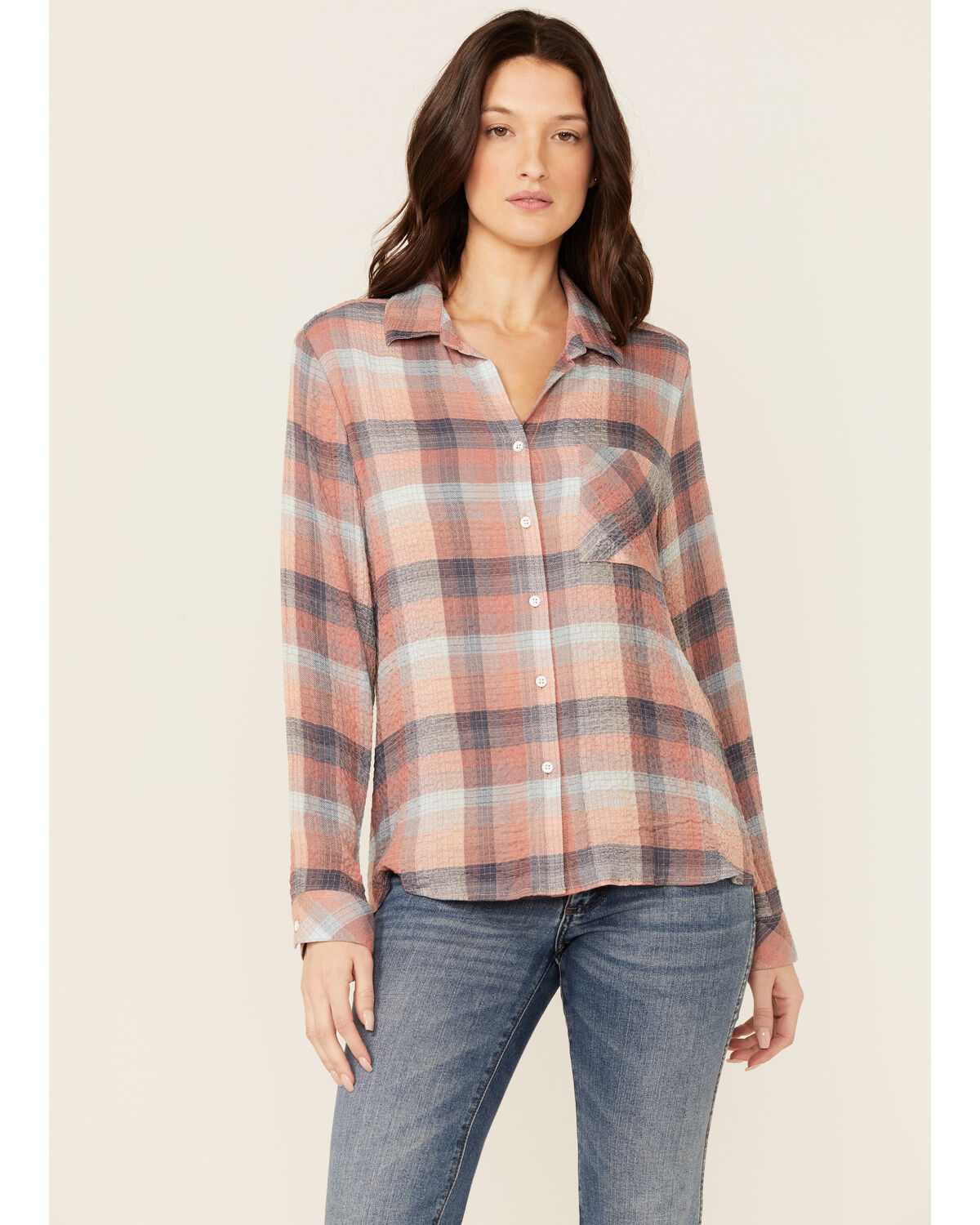 North River Women's Crinkle Ryn Desert Rust Plaid Shirt