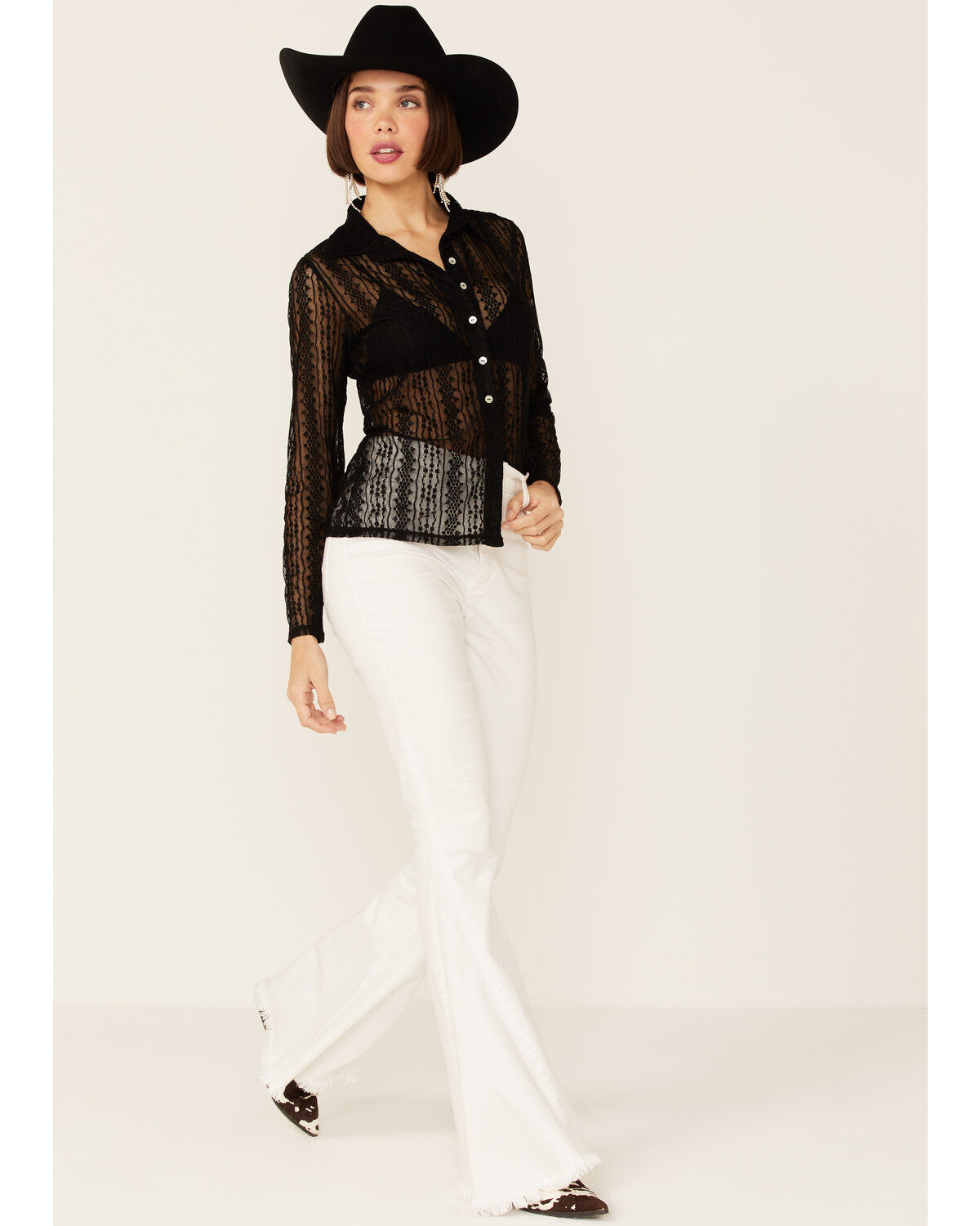 Wild Moss Women's Lace Button Front Sheer Long Sleeve Shirt