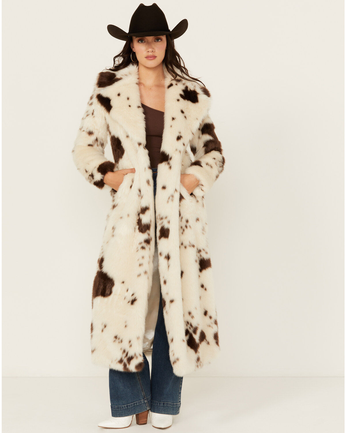 Powder River Outfitters Women's Cow Print Duster Faux Fur Coat