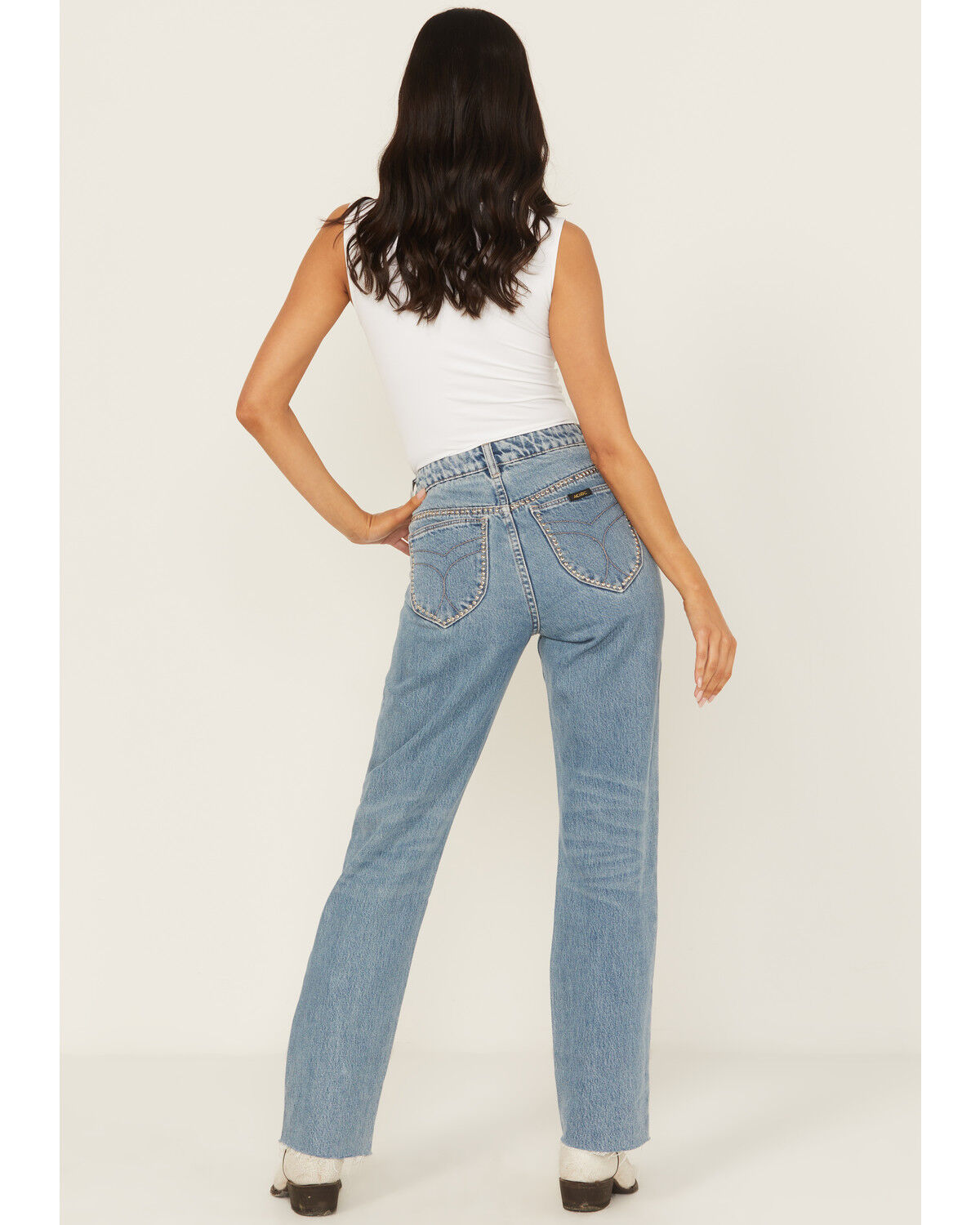 Rolla's X AC/DC Women's Medium Wash Mid Rise Studded 90s Relaxed Straight Denim Jeans