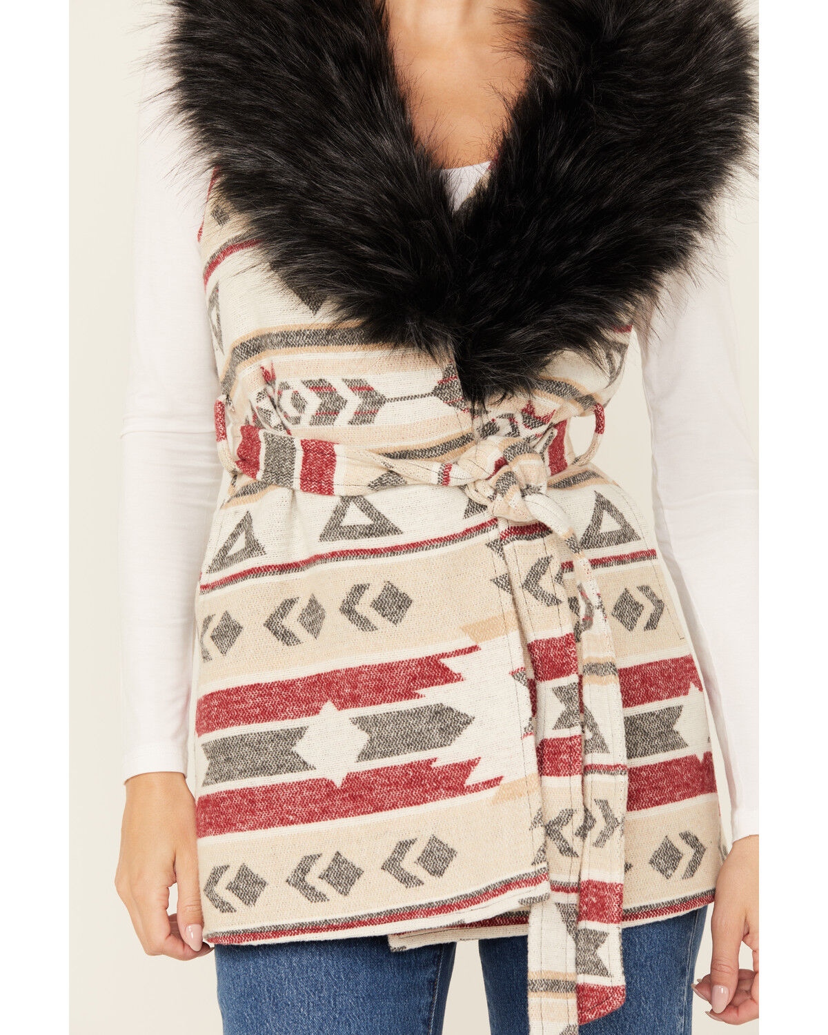 Cripple Creek Women's Southwestern Print Fur Collar Wrap Vest